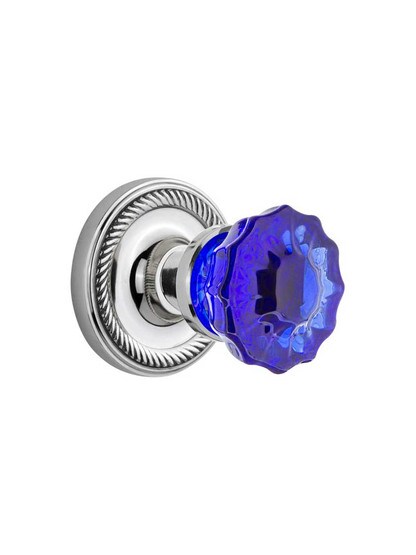 Rope Rosette Door Set with Colored Fluted Crystal Glass Knobs Cobalt Blue in Polished Chrome.